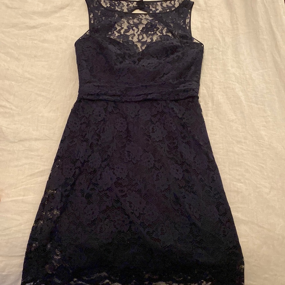 Amsale Navy Blue Lace Bridesmaids Dress Midi Length Like New Size 12
